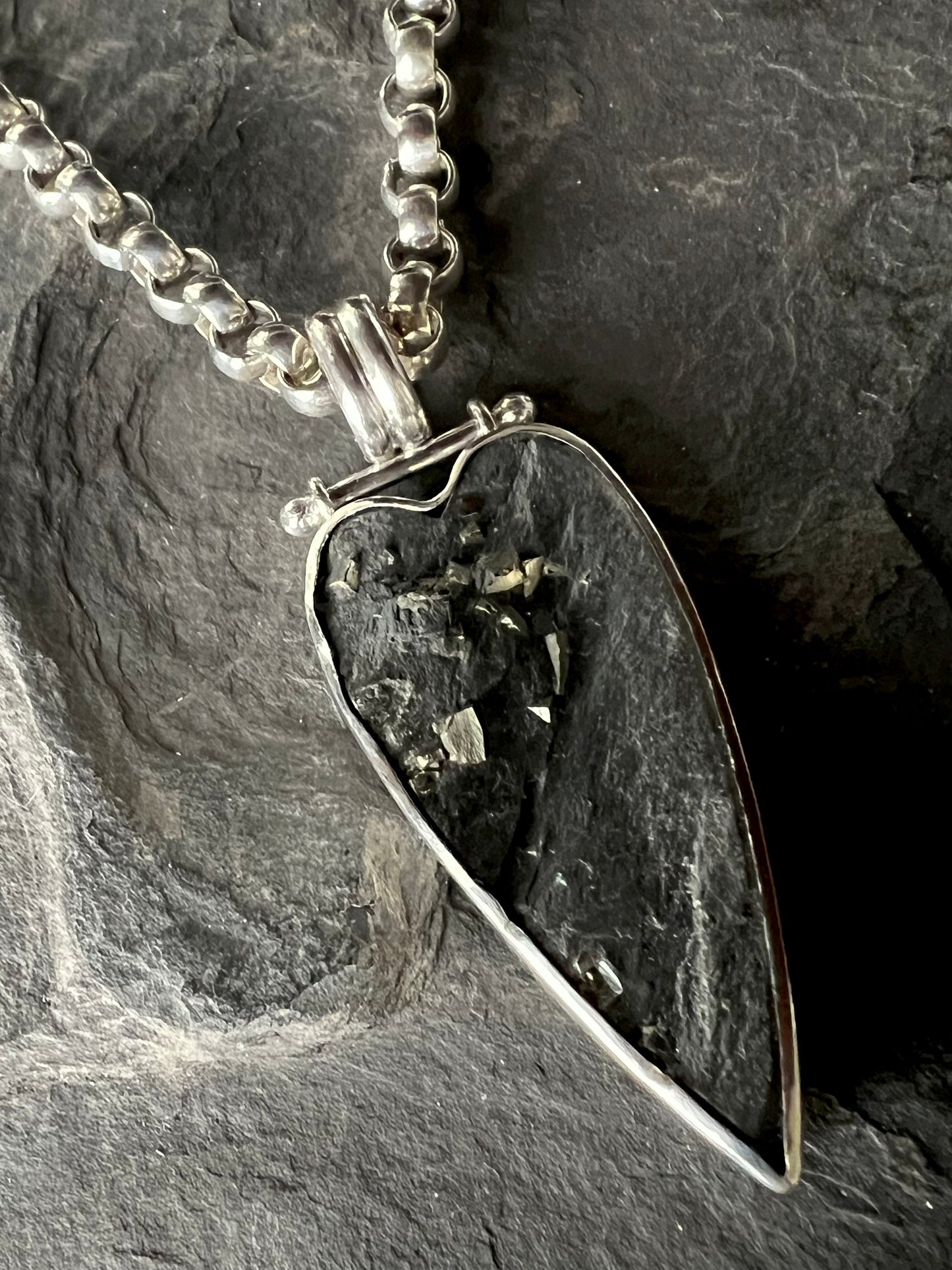 Pyrite in Black Slate Crooked Little Heart Sterling One of a Kind Unisex Necklace