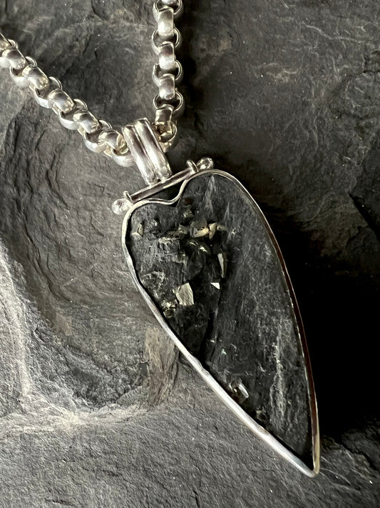 Pyrite in Black Slate Crooked Little Heart Sterling One of a Kind Unisex Necklace