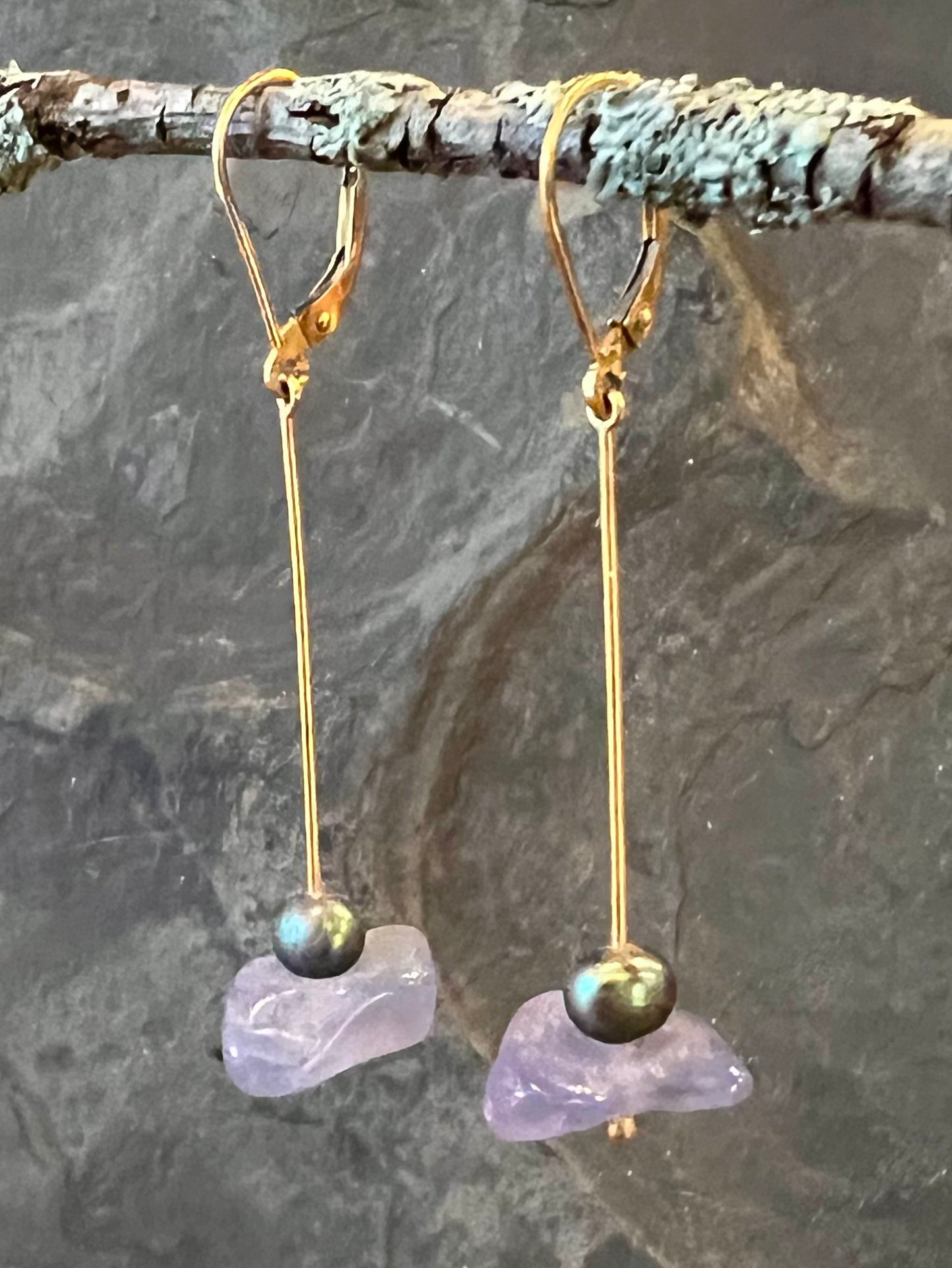 14K Linear Dangle with Turkish Blue Chalcedony - Minimalist Earrings