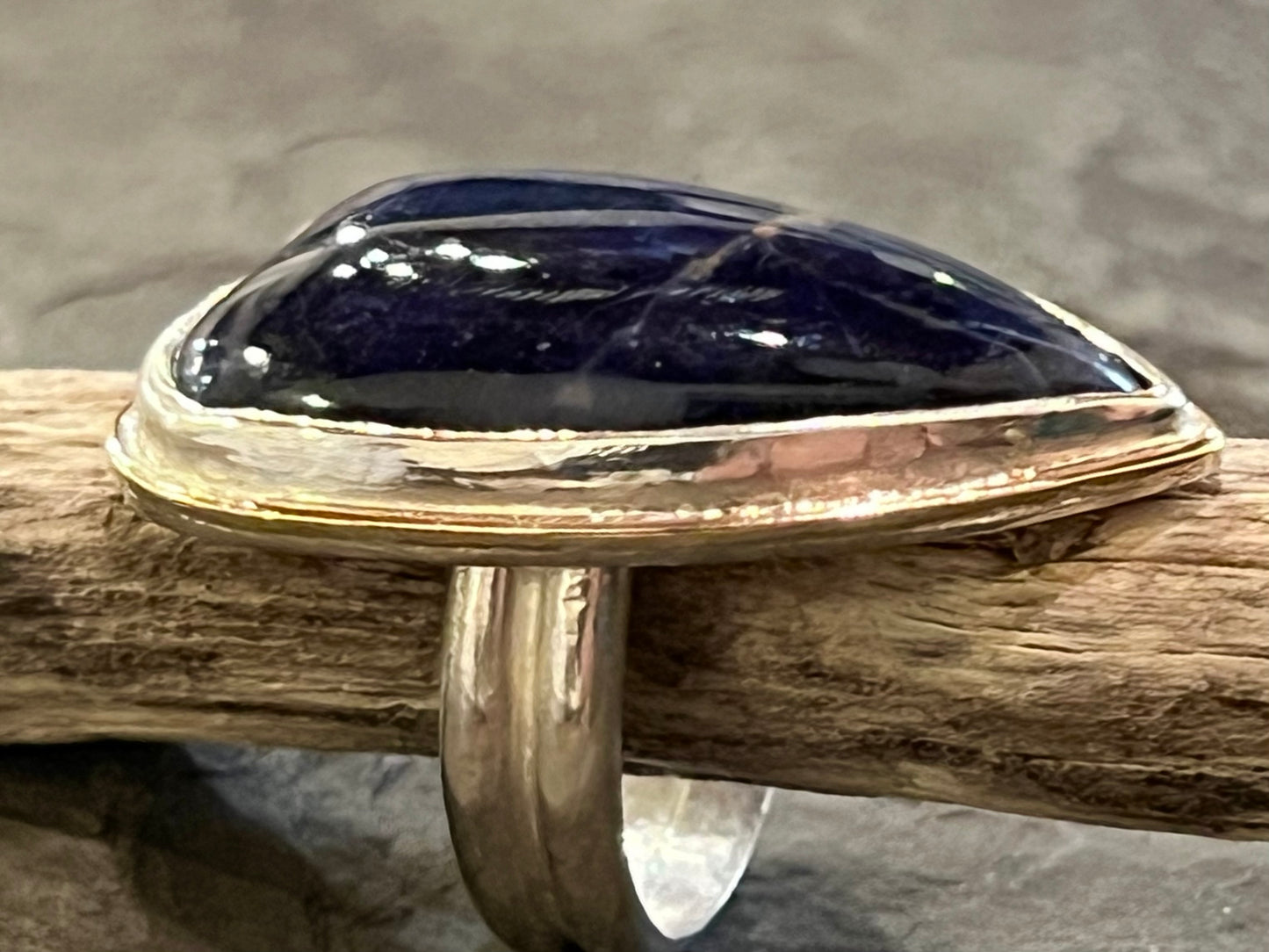 Navy Blue Sodalite Crooked Little Heart Ring in Sterling silver & 14K - One of a Kind