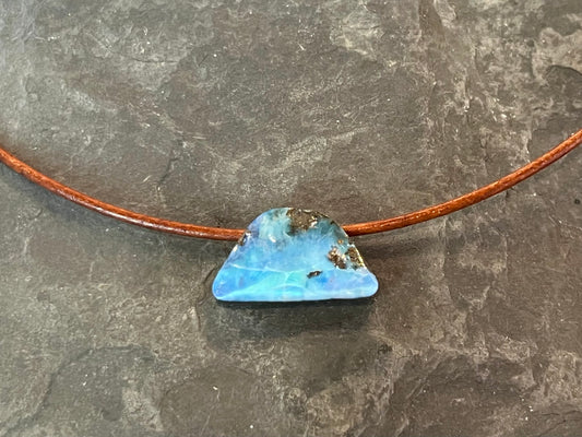 Blue Boulder Opal Leather Choker One of a Kind Necklace 16”