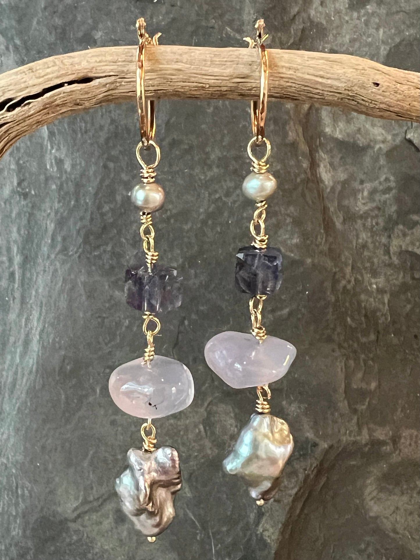 14K Mini Hoop with Long Lavender Gemmy Dangle - One of a Kind Earrings