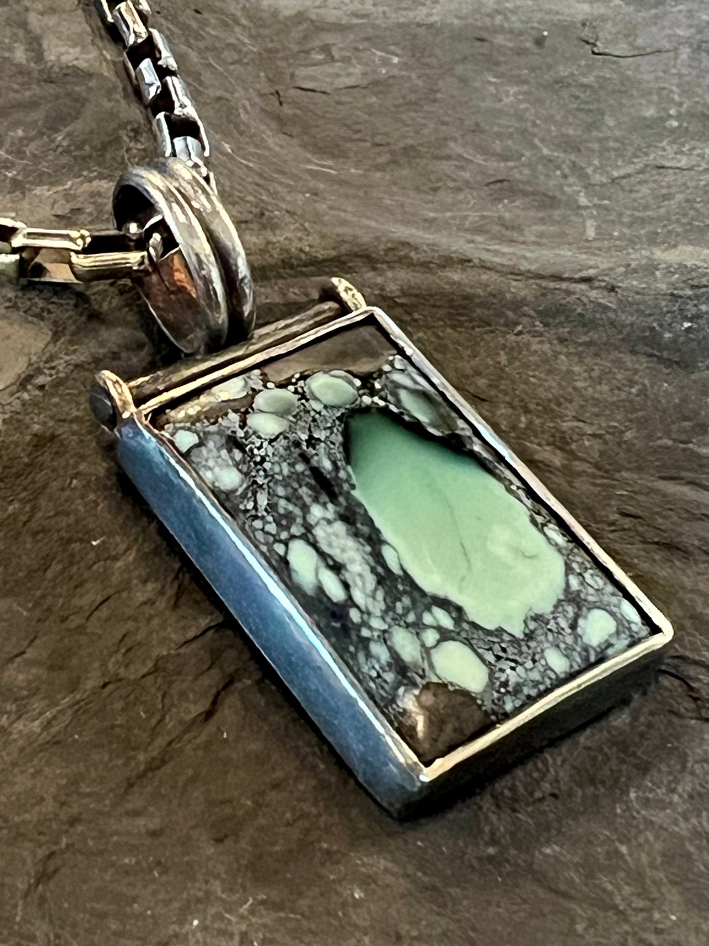 Star Fox Variscite in distressed oxidized Sterling Silver & 14K Gold Hinged One of a Kind Unisex Pendant
