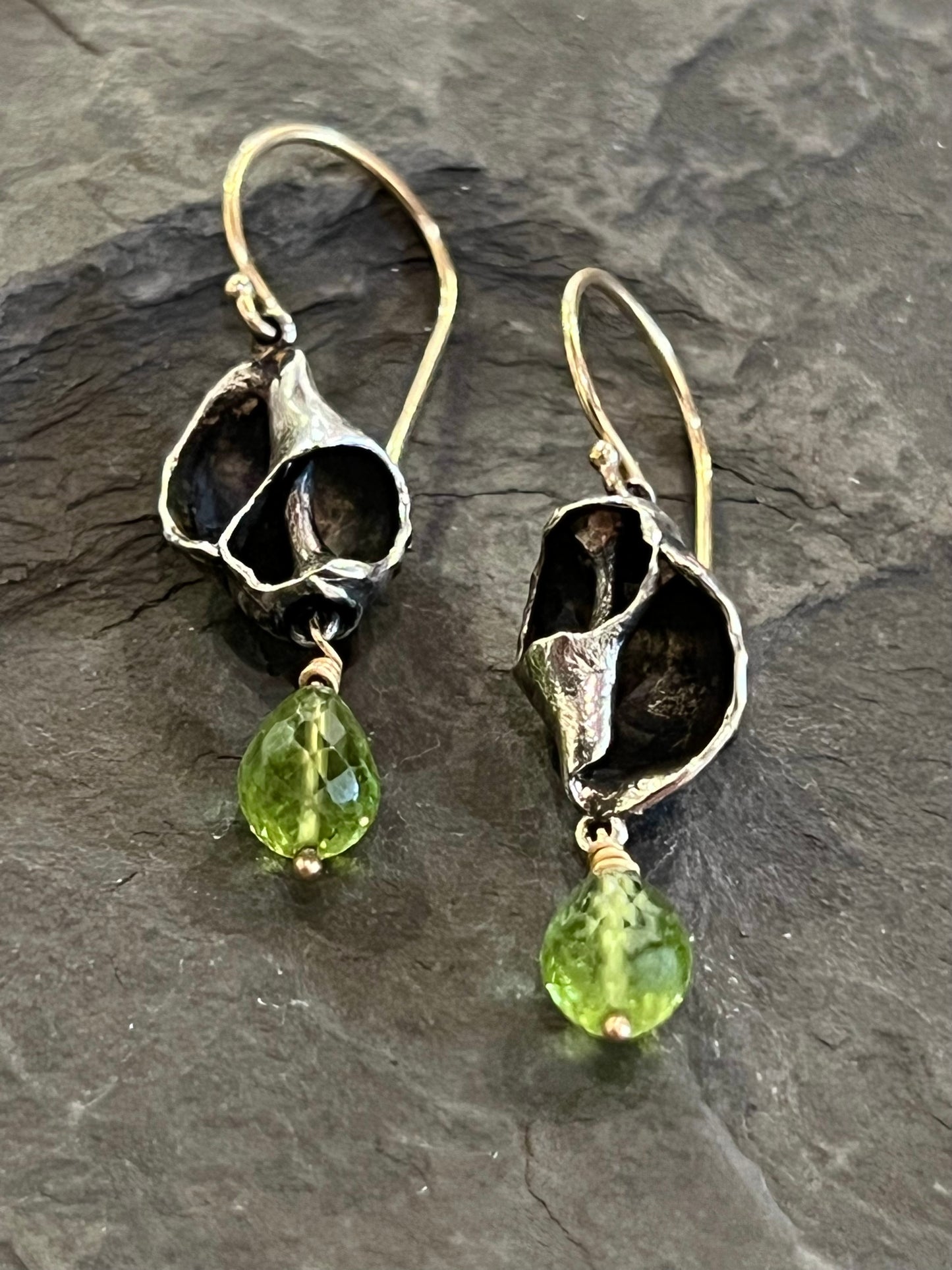 Ocean Inspired Oxidized Sterling & 14K Earrings with Peridot - Salt Series