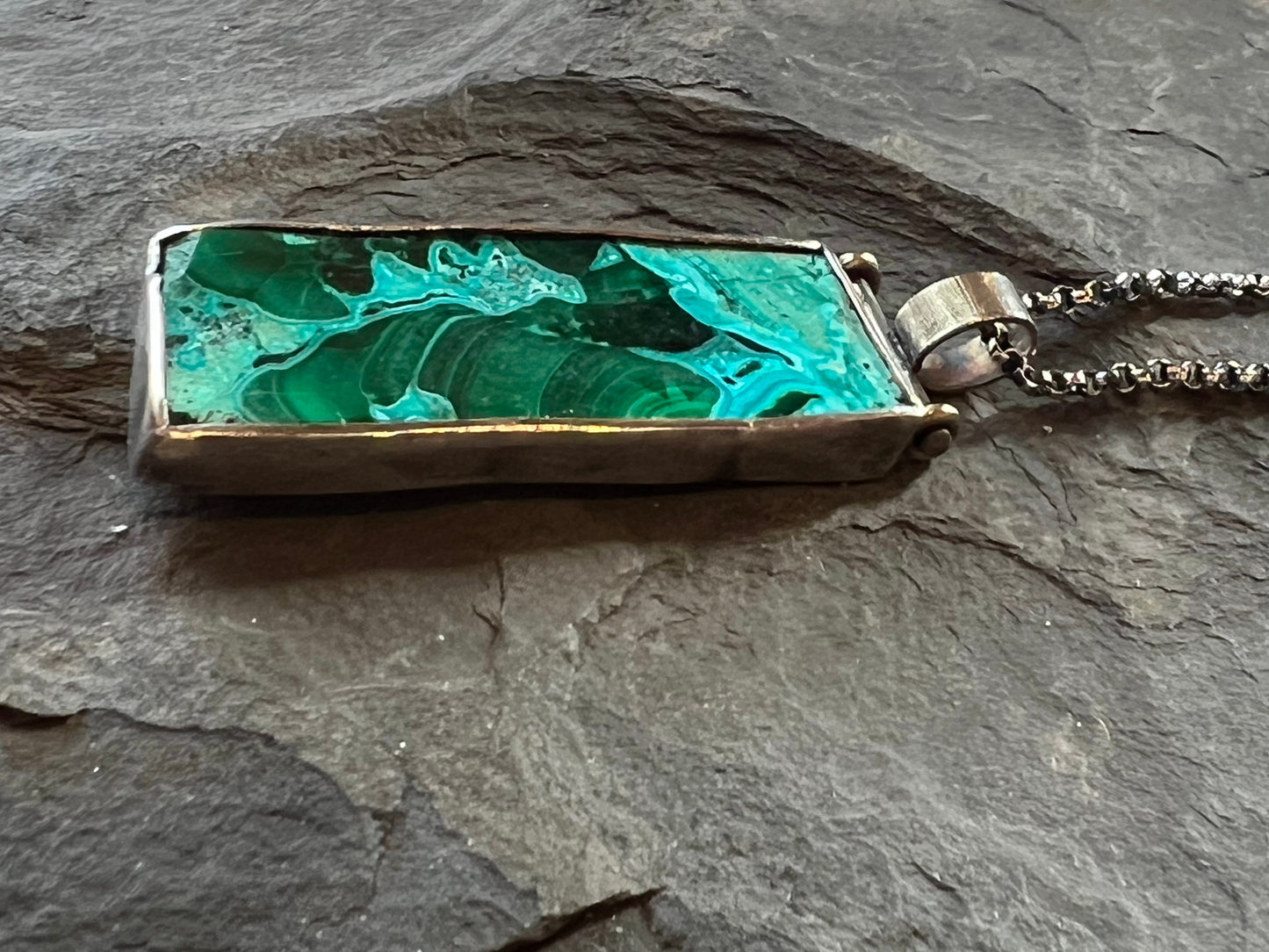 Azure-Malachite Slab Hinged Unisex Necklace Sterling 14K - One of a Kind