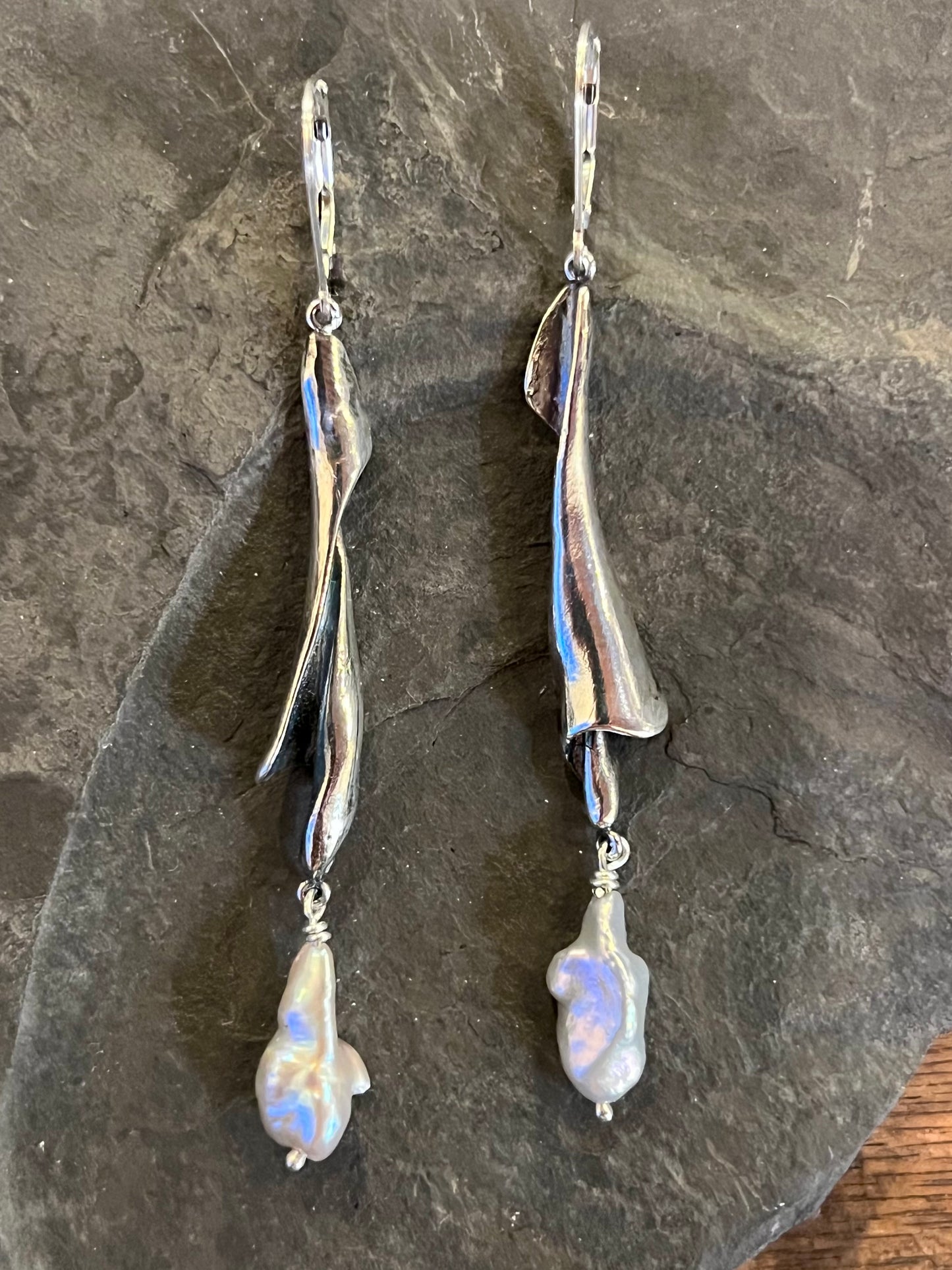 Ocean Inspired Dangle Earrings- Oxidized Sterling Eroded Shell Spiral with Freshwater Keshi Pearl- Salt Series