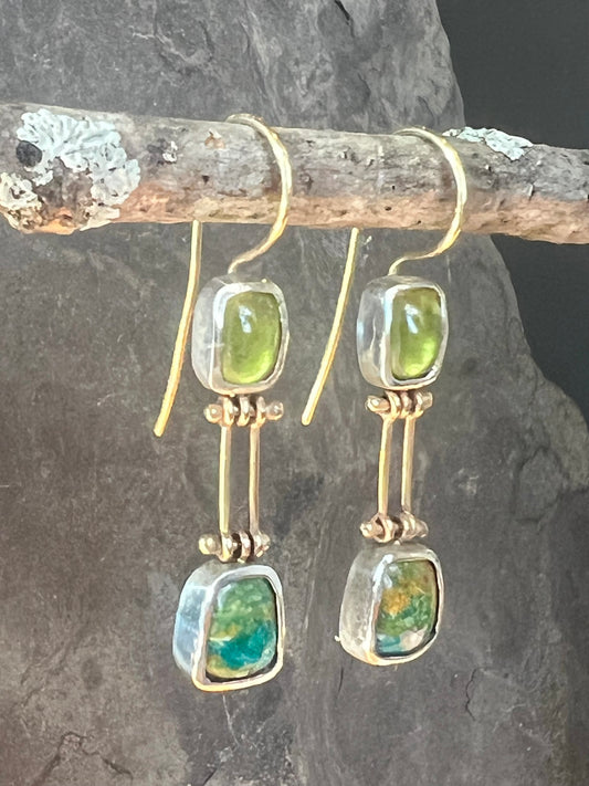 One of a Kind Vesuvianite & Peruvian Opal Double Hinged Dangle Earrings in Sterling & 14K