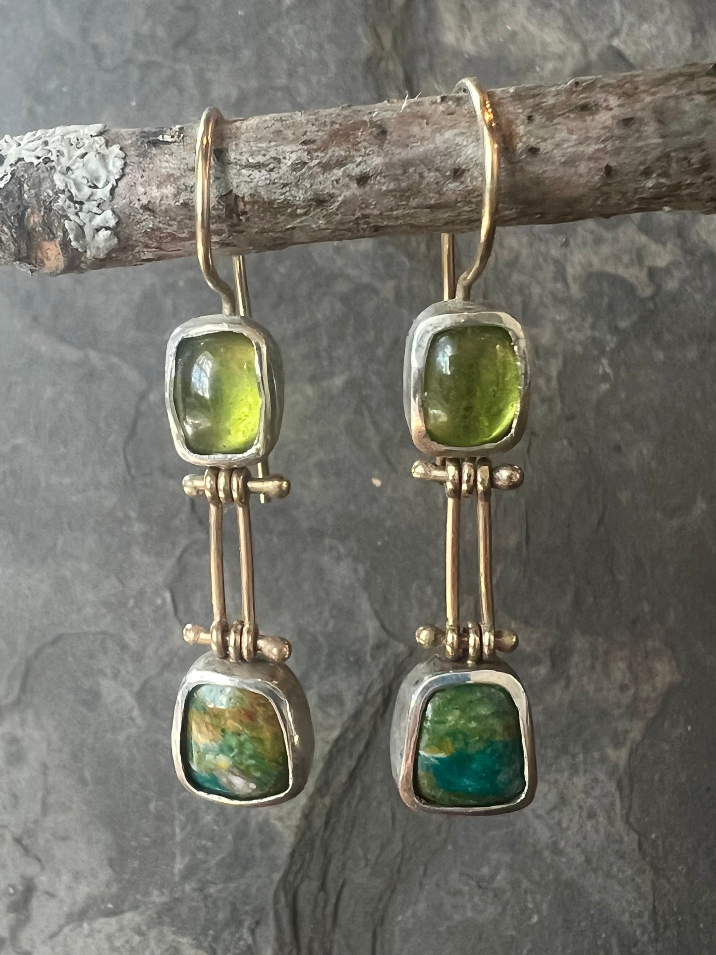 One of a Kind Vesuvianite & Peruvian Opal Double Hinged Dangle Earrings in Sterling & 14K