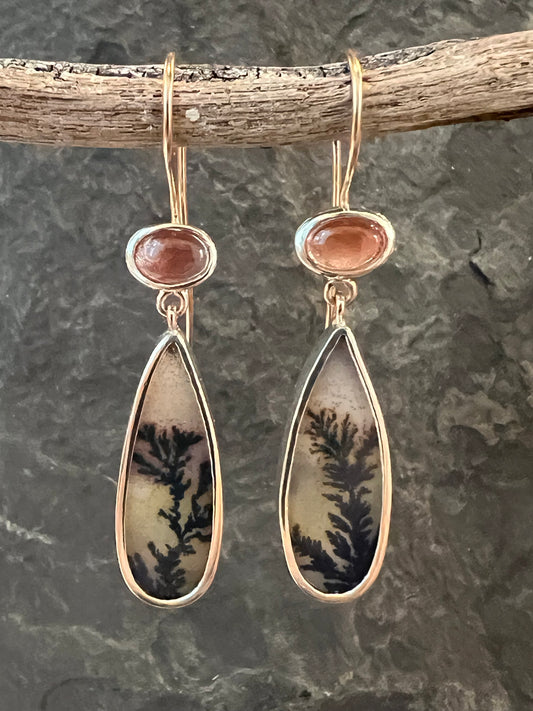 Dendritic Agate & Sunstone Sterling Silver with Rose Gold One of a Kind Dangle Earrings