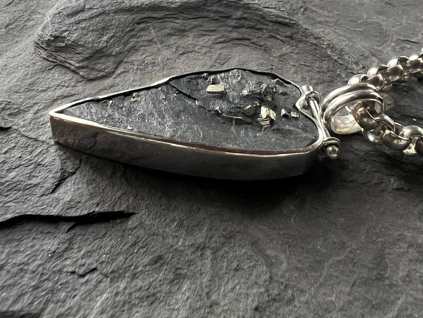 Pyrite in Black Slate Crooked Little Heart Sterling One of a Kind Unisex Necklace