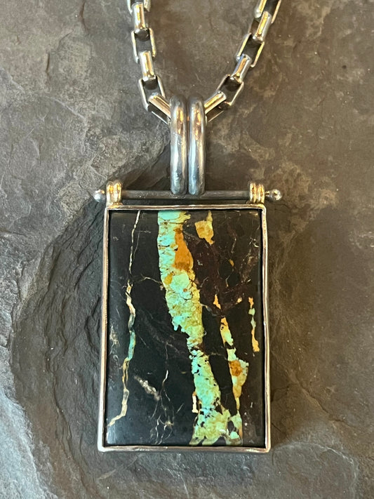 Black Jack Turquoise in distressed oxidized Sterling Silver & 14K Gold Hinged One of a Kind Unisex Pendant