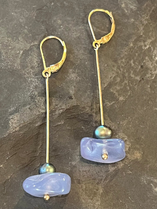 14K Linear Dangle with Turkish Blue Chalcedony - Minimalist Earrings