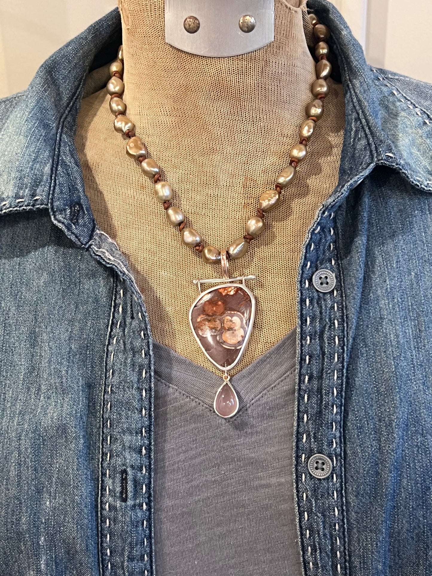 Birds Eye Agate & Lavender Quartz Hinged One of a Kind Sterling & Rose Gold Pendant