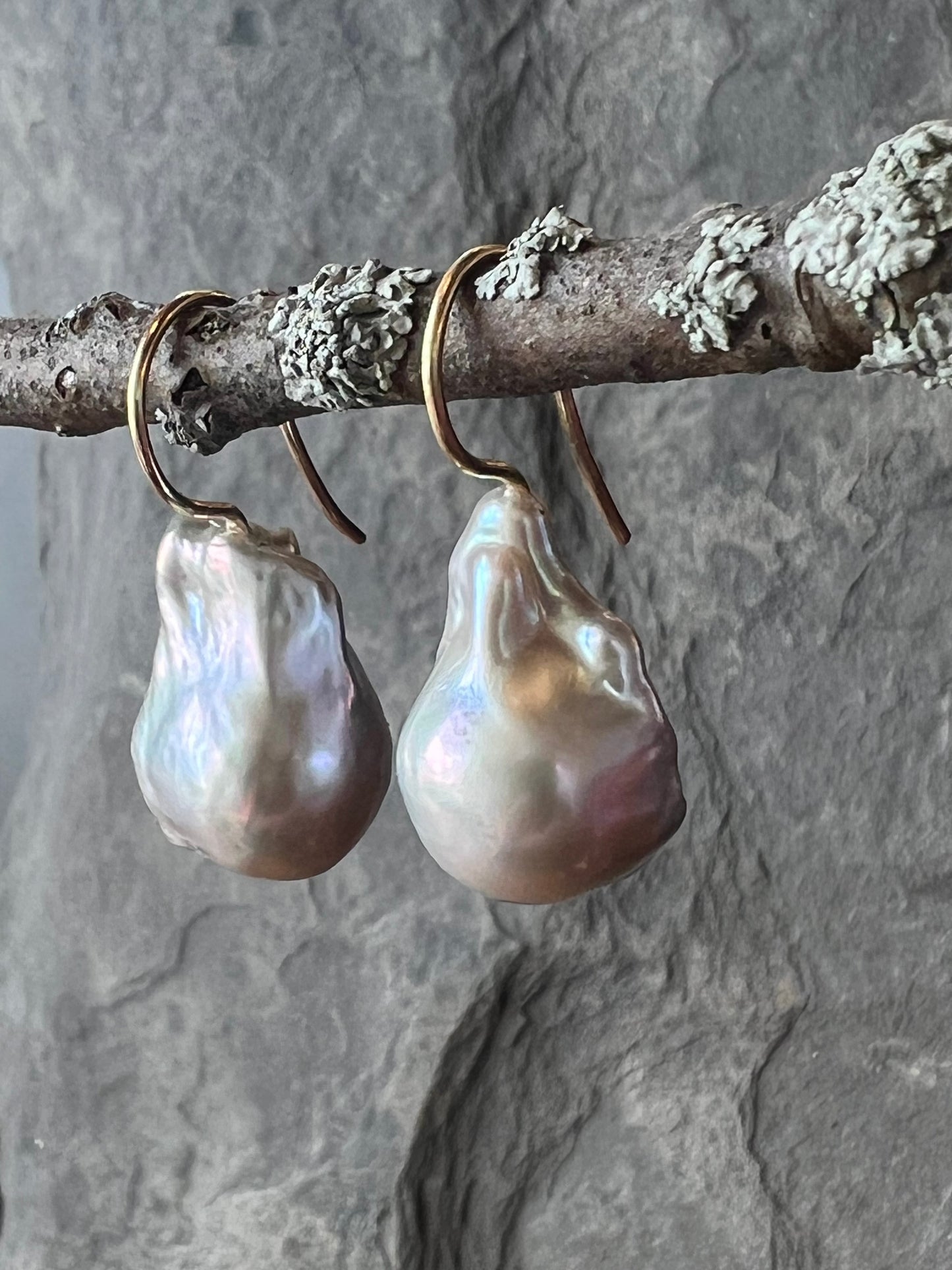 Minimalist Blue Gray Baroque Flame Ball 14K Demi Drop Earrings - One of a Kind