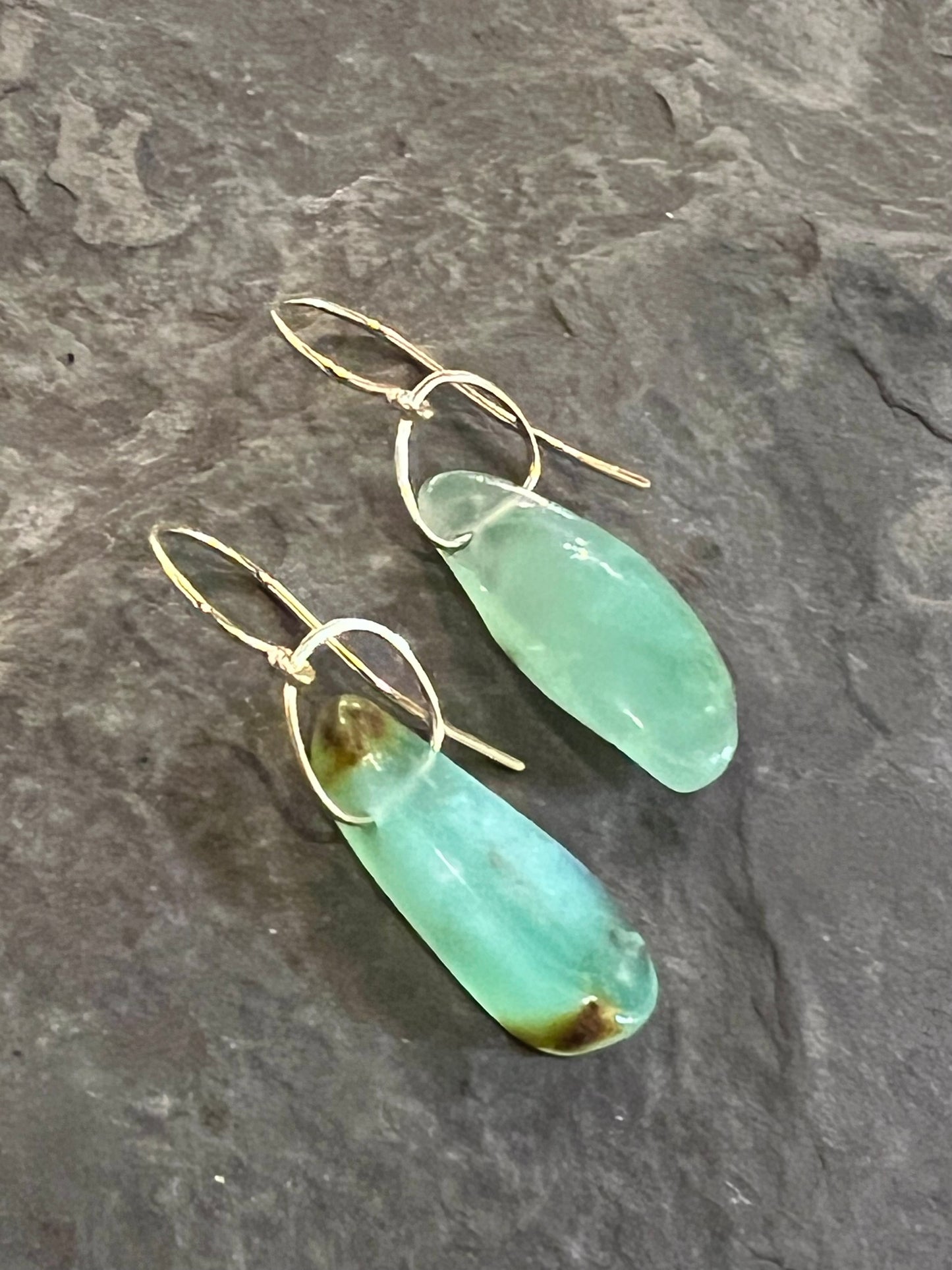 Minimalist Imperial Green Chalcedony Freeform 14K Earrings- One of a Kind