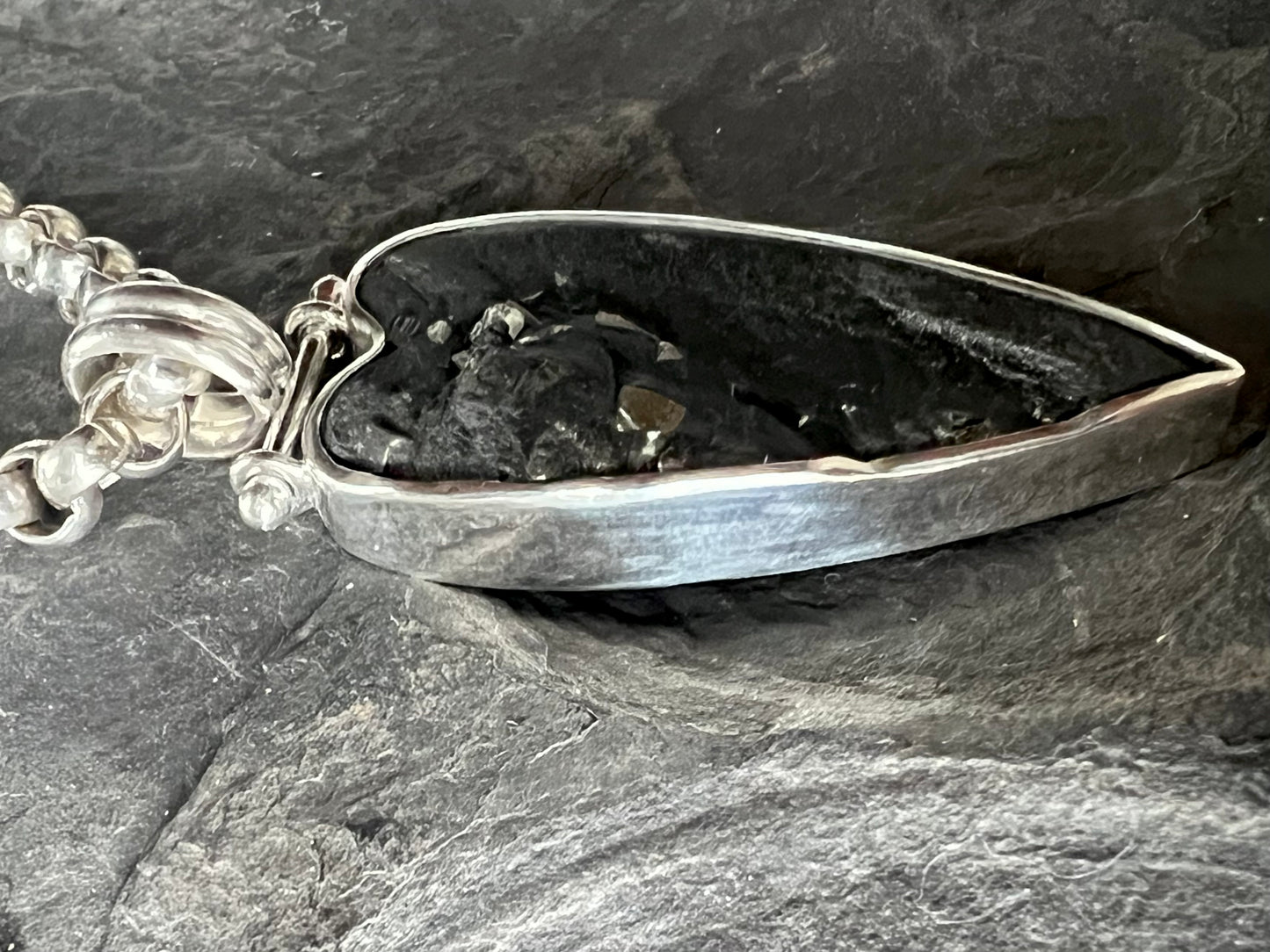 Pyrite in Black Slate Crooked Little Heart Sterling One of a Kind Unisex Necklace