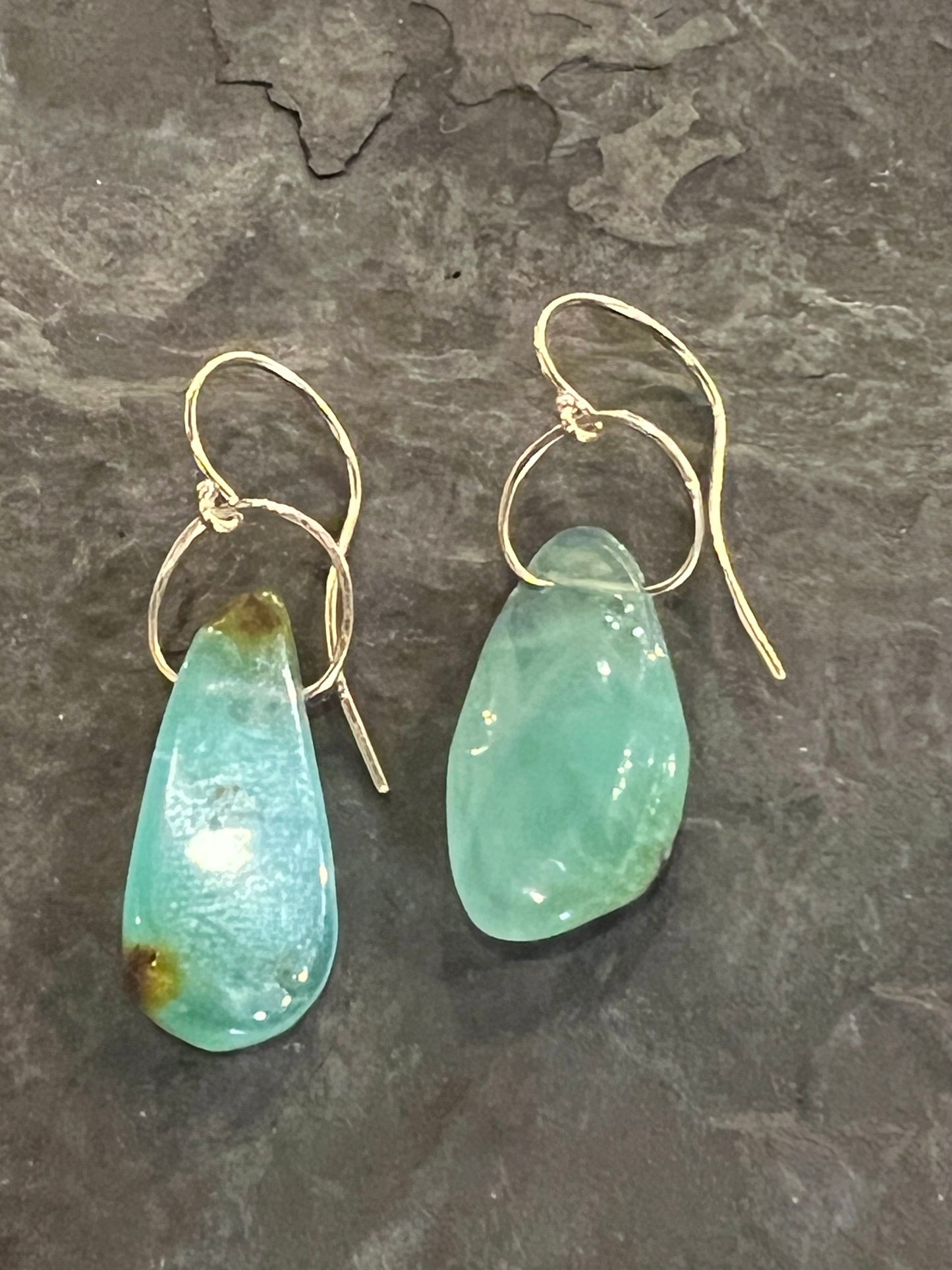 Minimalist Imperial Green Chalcedony Freeform 14K Earrings- One of a Kind