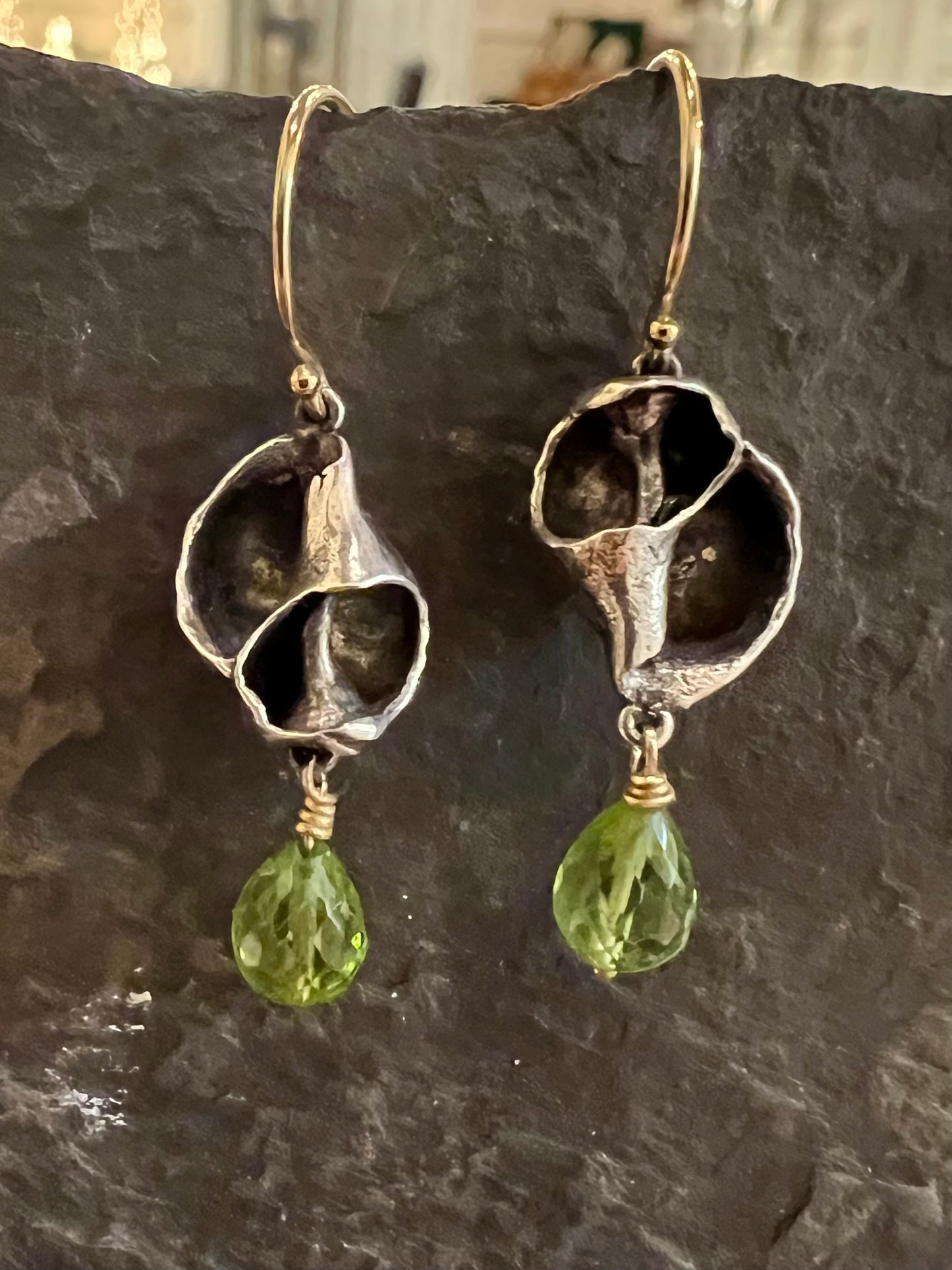 Ocean Inspired Oxidized Sterling & 14K Earrings with Peridot - Salt Series