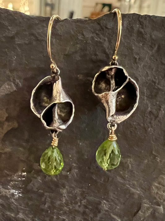 Ocean Inspired Oxidized Sterling & 14K Earrings with Peridot - Salt Series