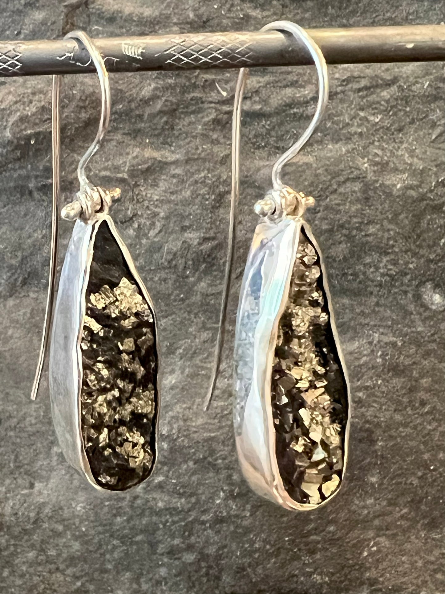 Pyrite in Slate Hinged Teardrop Sterling One of a Kind Earrings