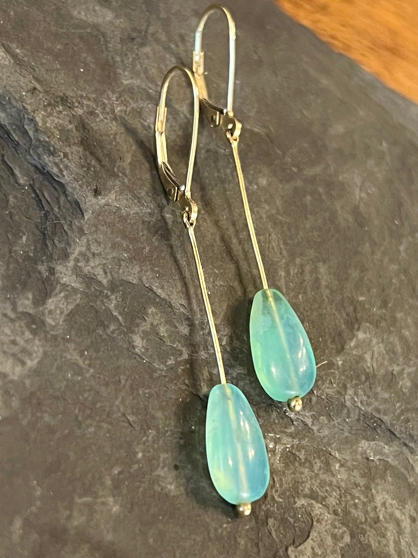 Linear Dangle Earring 14K with Peruvian Opal - One of a Kind- Minimalist