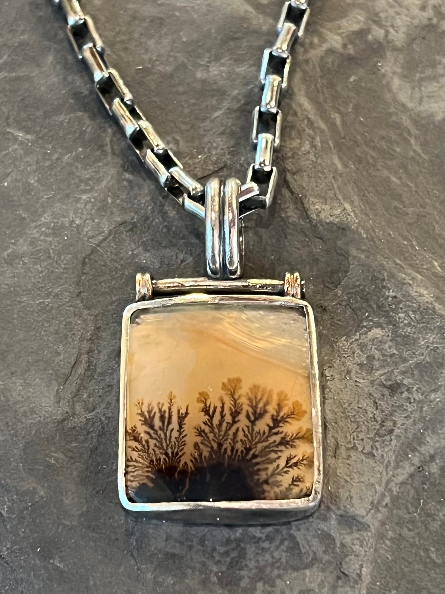 Oxidized Sterling Silver Hinged Pendant with Dendritic Agate & 14K Rose Gold- One of a Kind