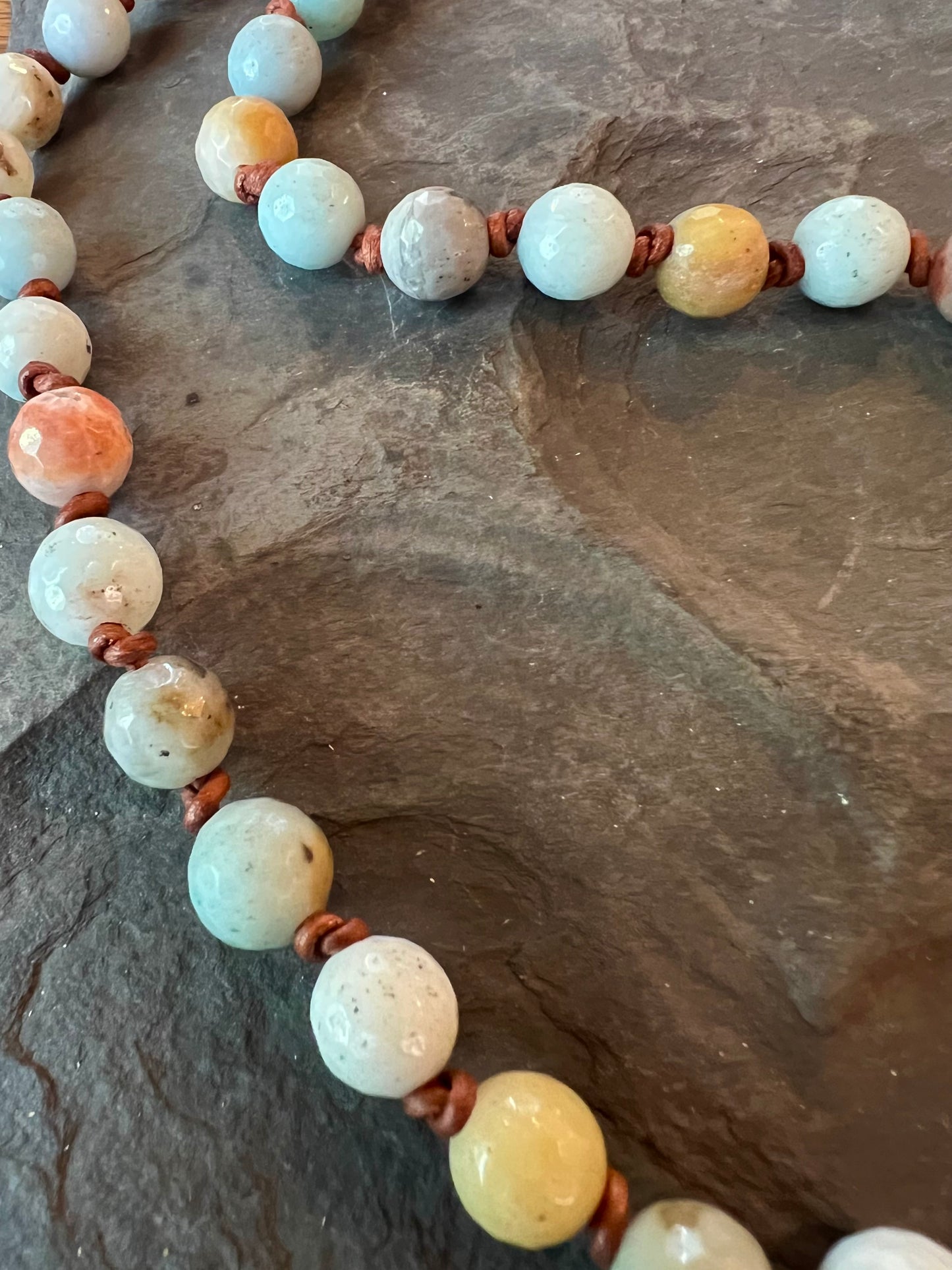 Multicolor Amazonite Faceted Beads on Hand Knotted Leather Necklace 25”