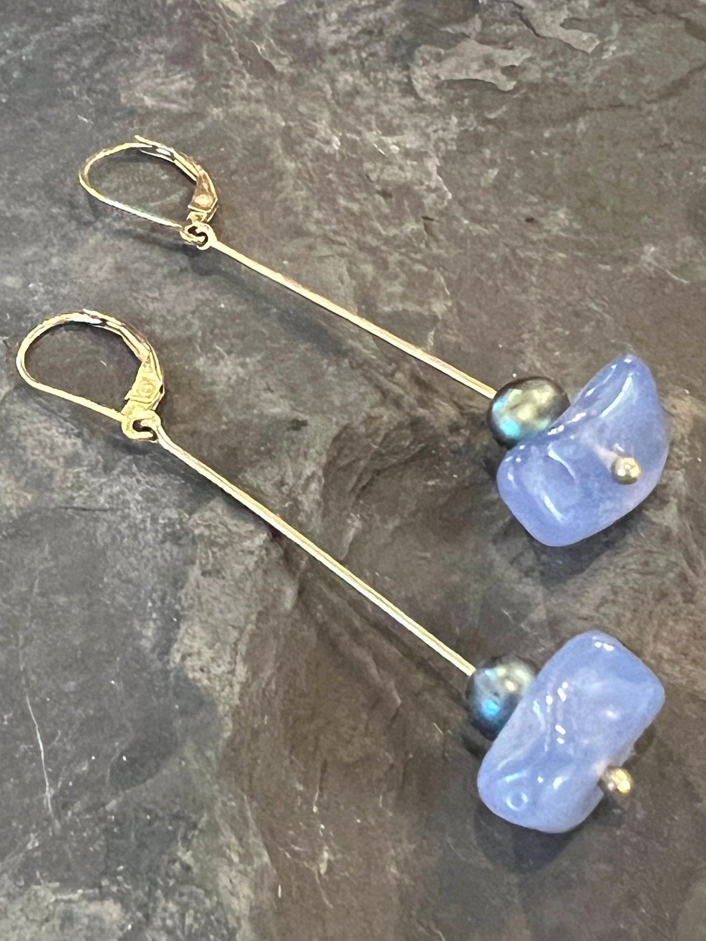 14K Linear Dangle with Turkish Blue Chalcedony - Minimalist Earrings