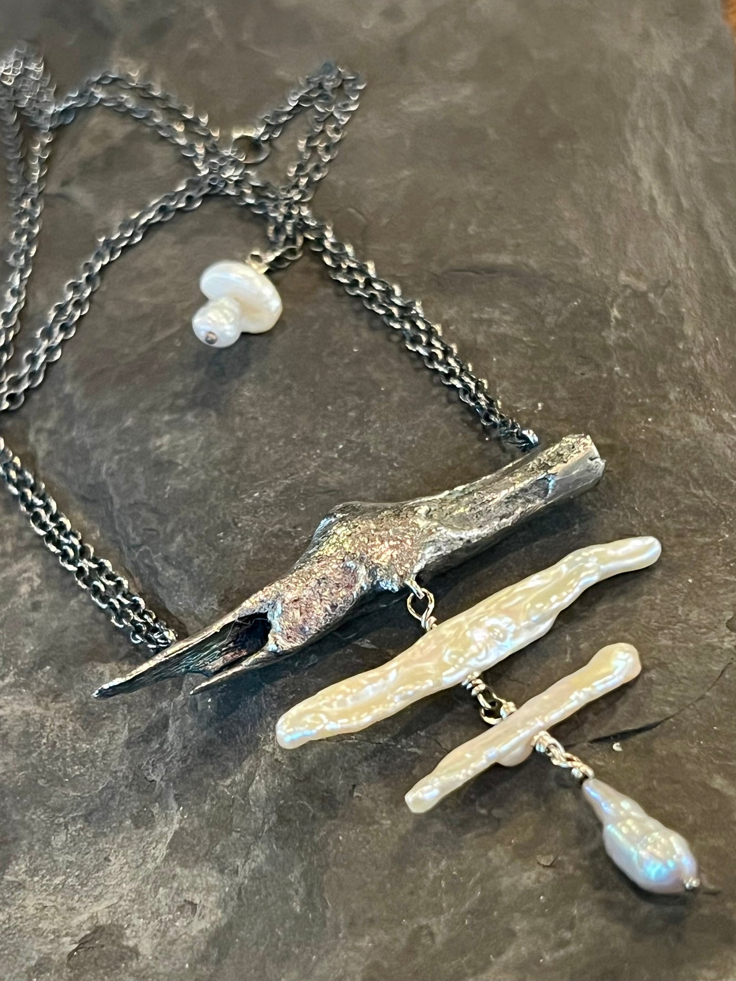 Oxidized Sterling Silver Driftwood & Iridescent Pearl Necklace - Cayuga Collection