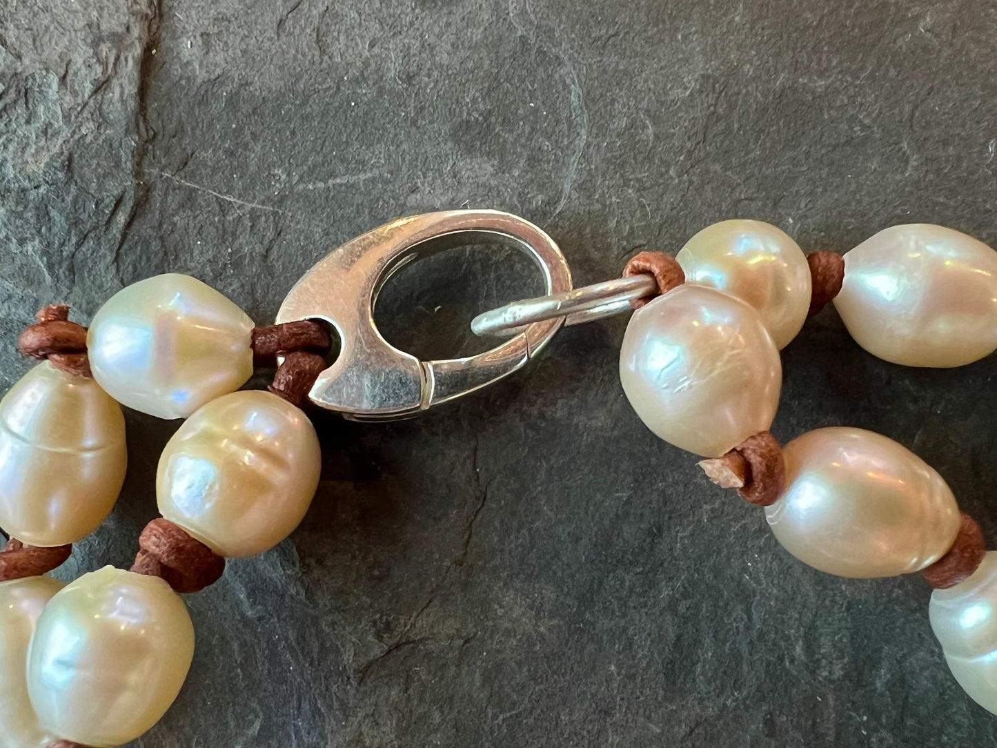 Peachy Freshwater Pearls on Hand Knotted Leather Double Bracelet