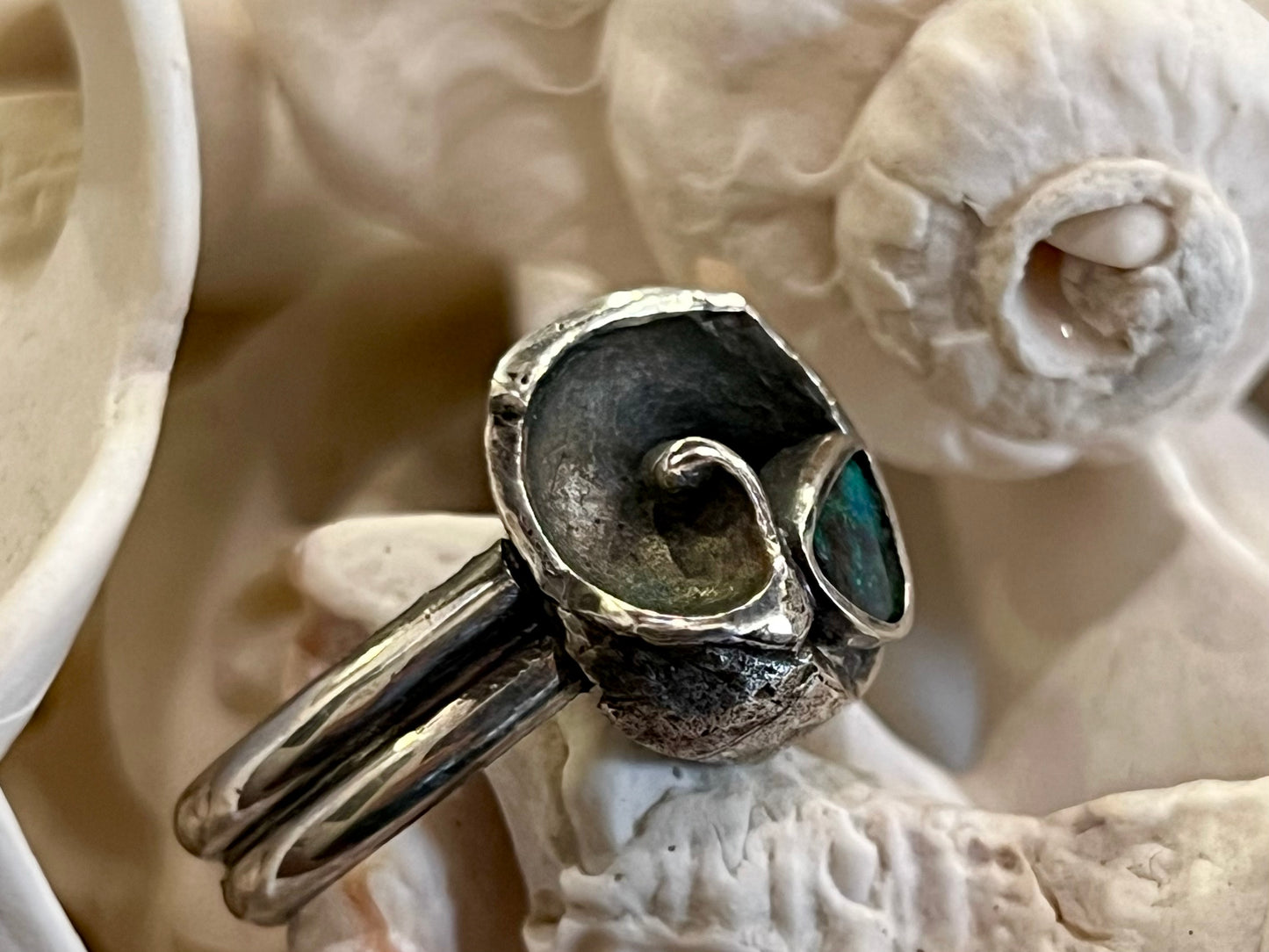 Ocean Inspired Ring in Oxidized Sterling Silver with Boulder Opal - Salt Series One of a Kind