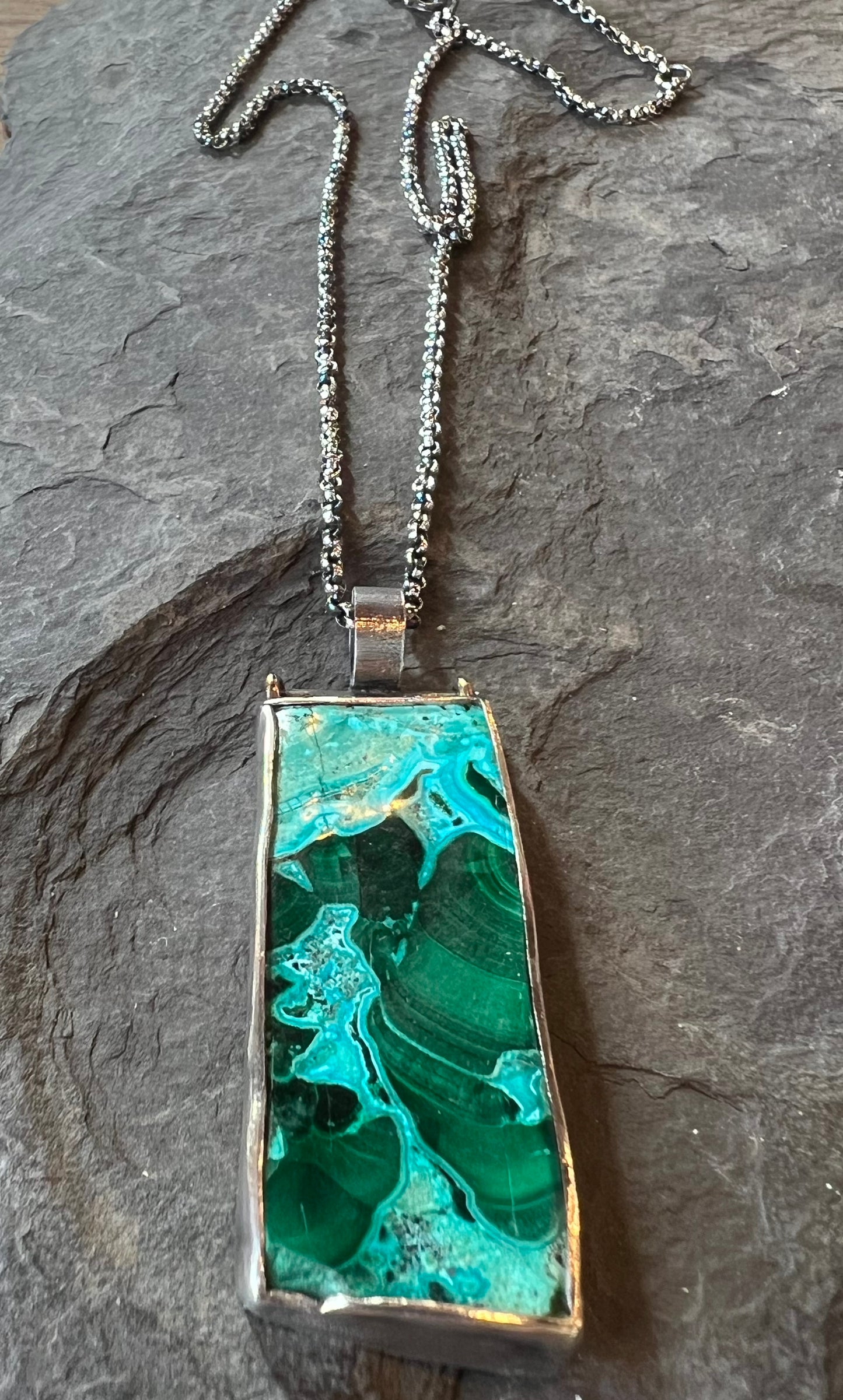 Azure-Malachite Slab Hinged Unisex Necklace Sterling 14K - One of a Kind
