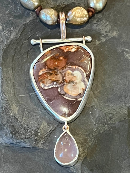 Birds Eye Agate & Lavender Quartz Hinged One of a Kind Sterling & Rose Gold Pendant