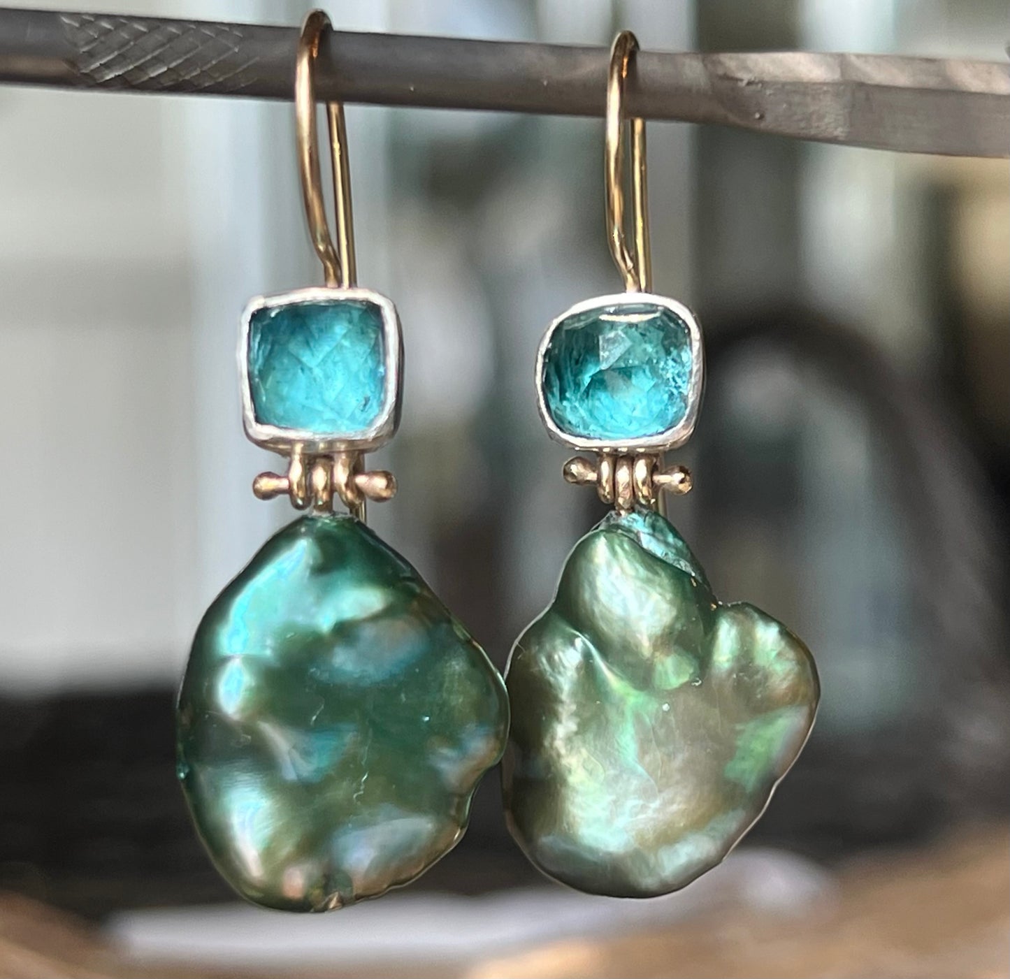 Blue Tourmaline & Green Freshwater Pearl Hinged One of a Kind Dangle Earrings 14K