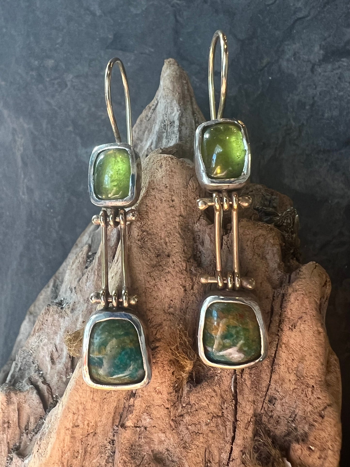 One of a Kind Vesuvianite & Peruvian Opal Double Hinged Dangle Earrings in Sterling & 14K