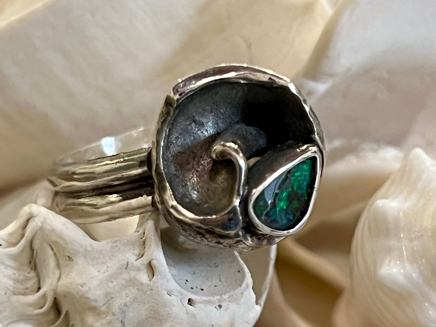 Ocean Inspired Ring in Oxidized Sterling Silver with Boulder Opal - Salt Series One of a Kind