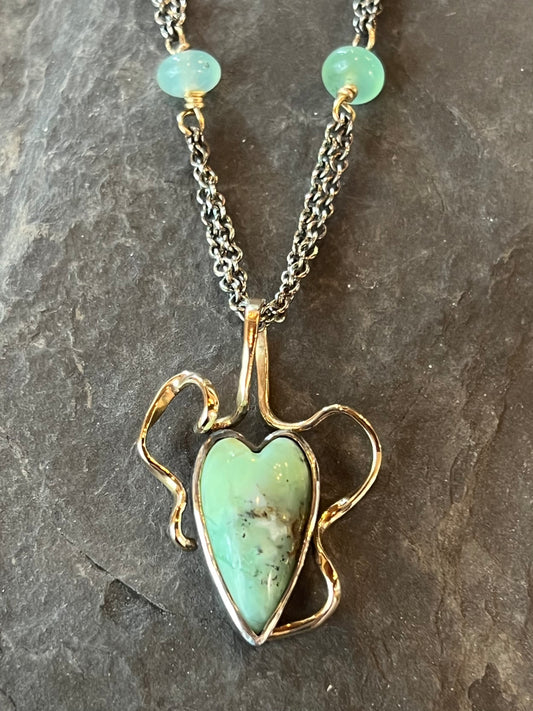 Green Imperial Jasper Crooked Little Heart Necklace Sterling Silver & 14K