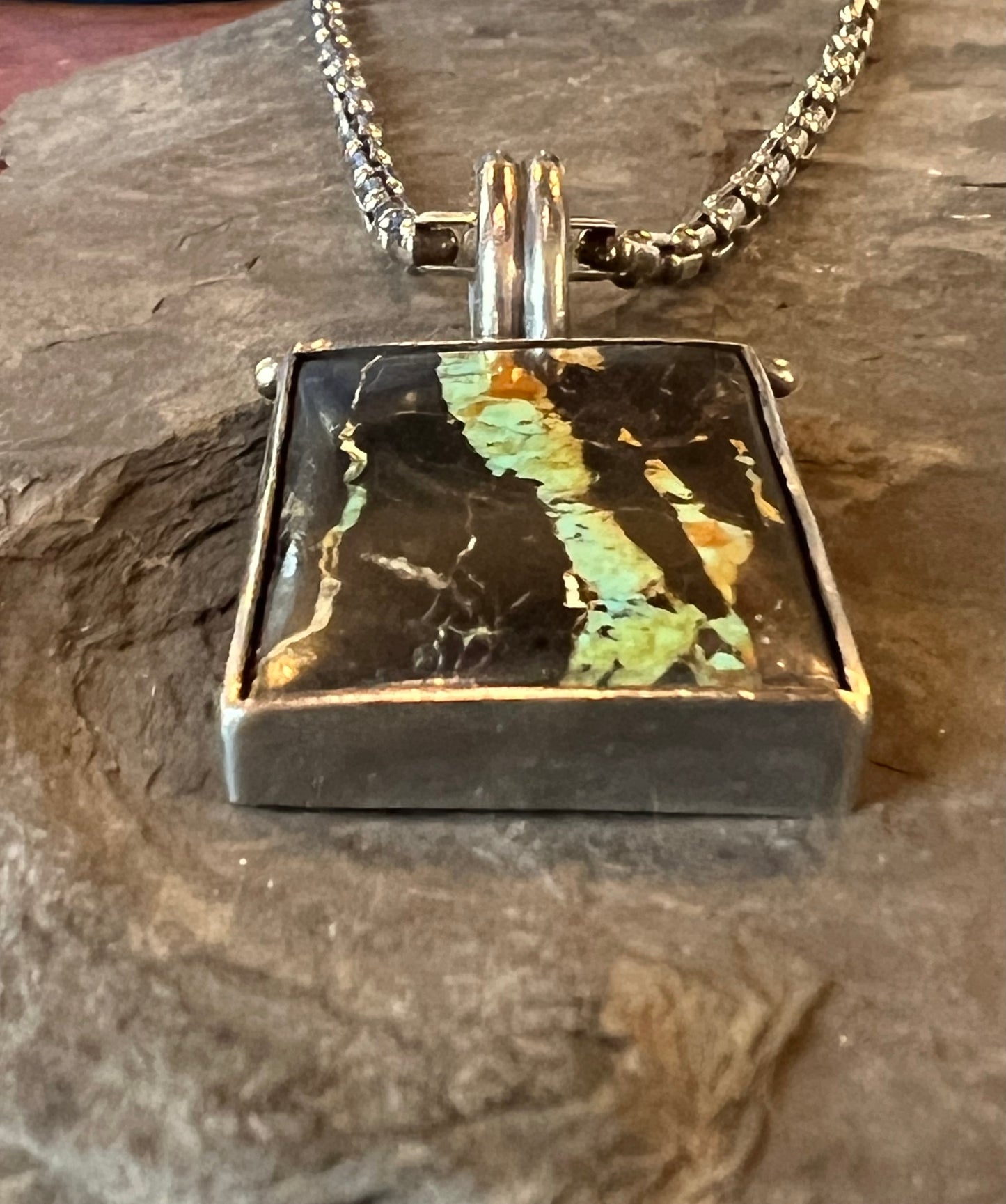 Black Jack Turquoise in distressed oxidized Sterling Silver & 14K Gold Hinged One of a Kind Unisex Pendant