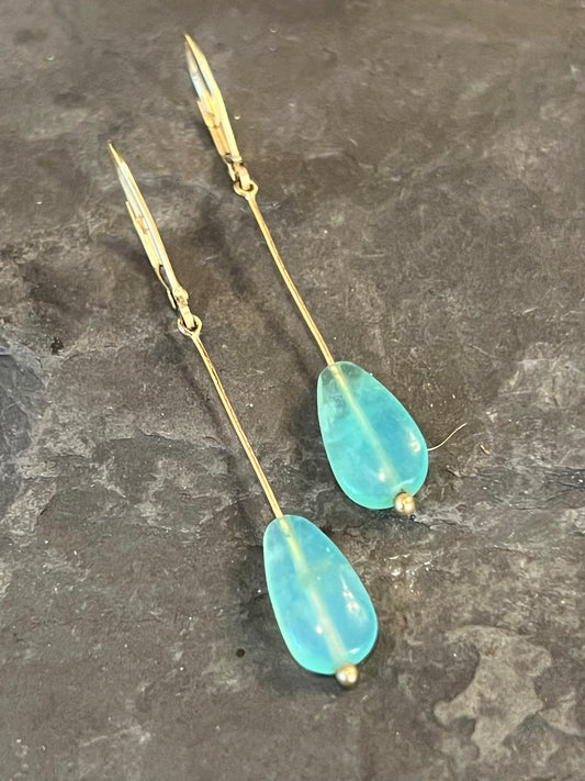 Linear Dangle Earring 14K with Peruvian Opal - One of a Kind- Minimalist