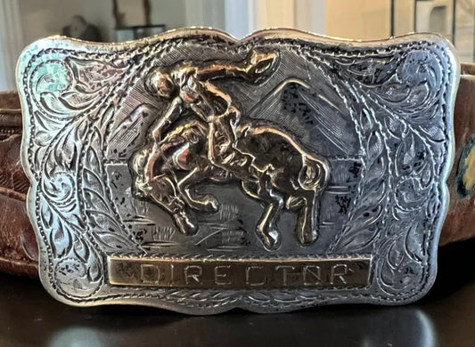 Estate Solid Sterling & 10K YG Hand Engraved San Joaquin Rodeo Directors Belt Buckle