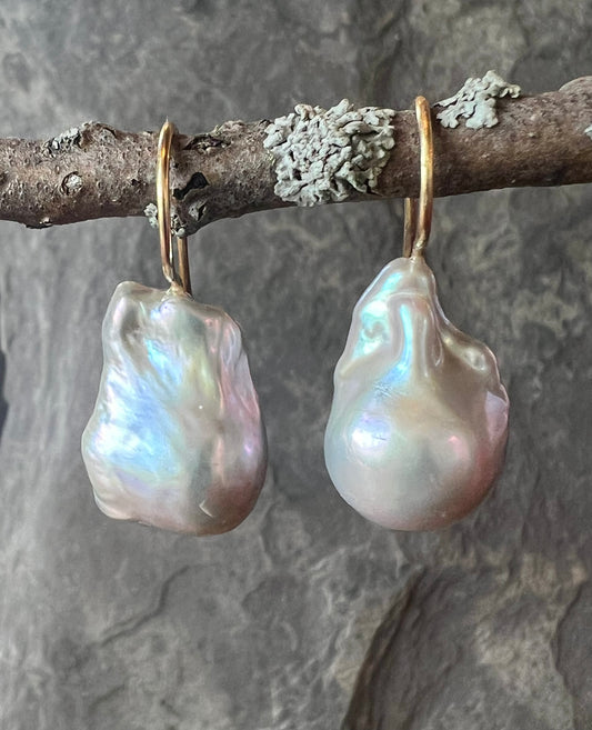 Minimalist Blue Gray Baroque Flame Ball 14K Demi Drop Earrings - One of a Kind