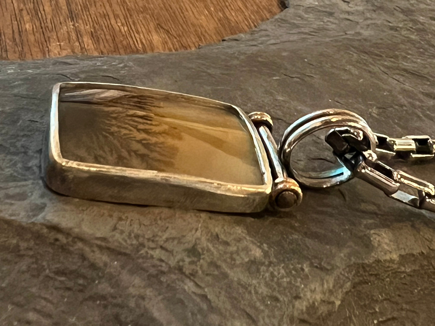 Oxidized Sterling Silver Hinged Pendant with Dendritic Agate & 14K Rose Gold- One of a Kind