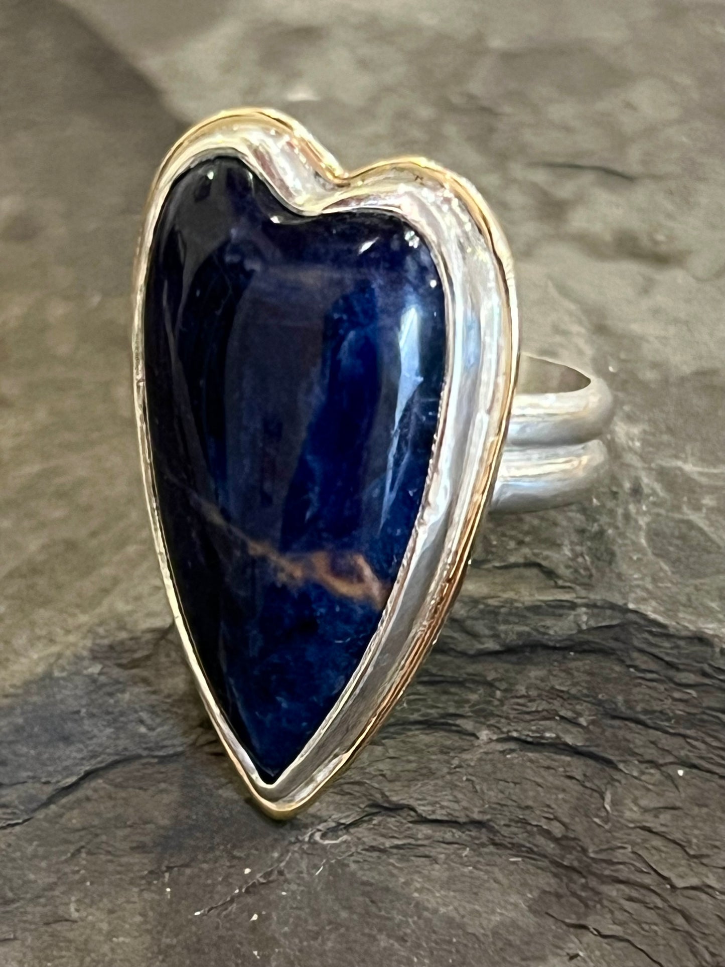 Navy Blue Sodalite Crooked Little Heart Ring in Sterling silver & 14K - One of a Kind