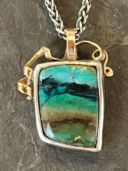 Wood Opal in Sterling Silver with 14K Tendril Bail One of a Kind Pendant