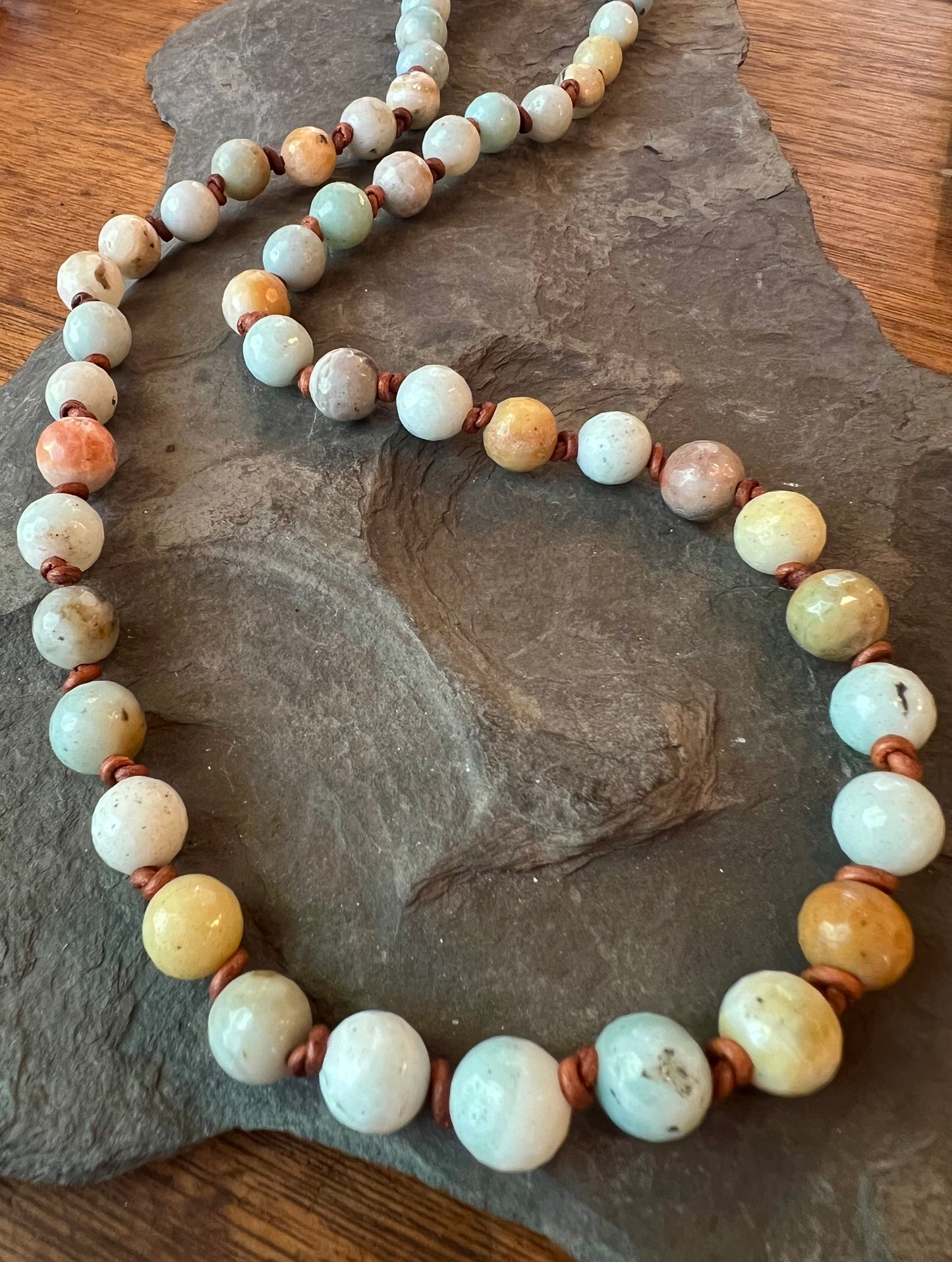 Multicolor Amazonite Faceted Beads on Hand Knotted Leather Necklace 25”