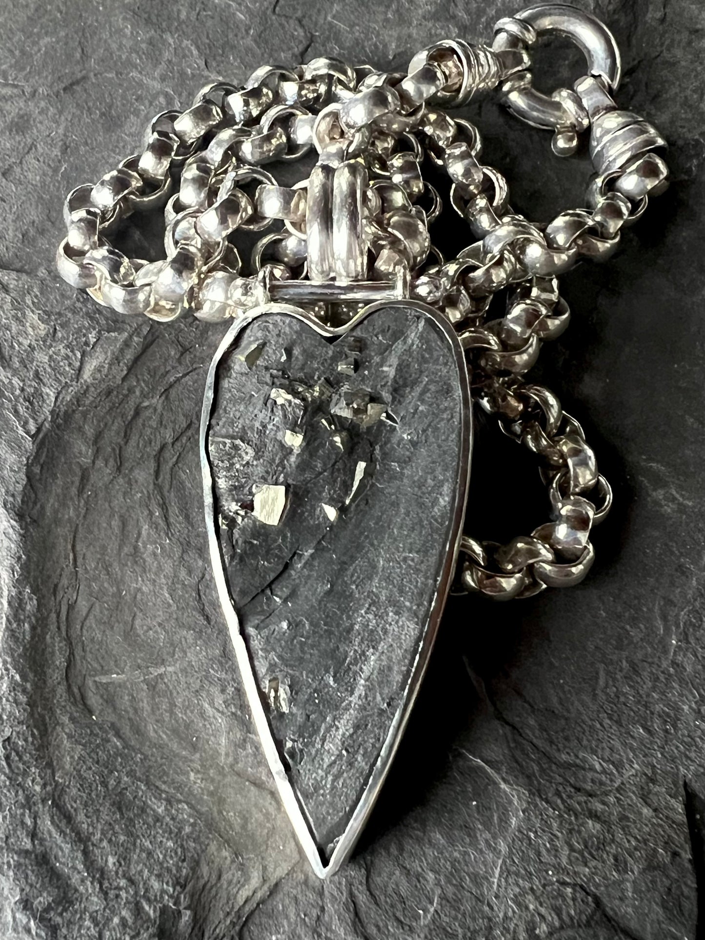 Pyrite in Black Slate Crooked Little Heart Sterling One of a Kind Unisex Necklace