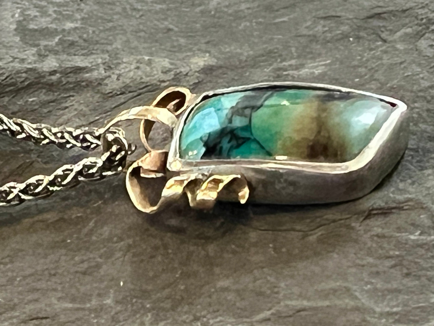 Wood Opal in Sterling Silver with 14K Tendril Bail One of a Kind Pendant