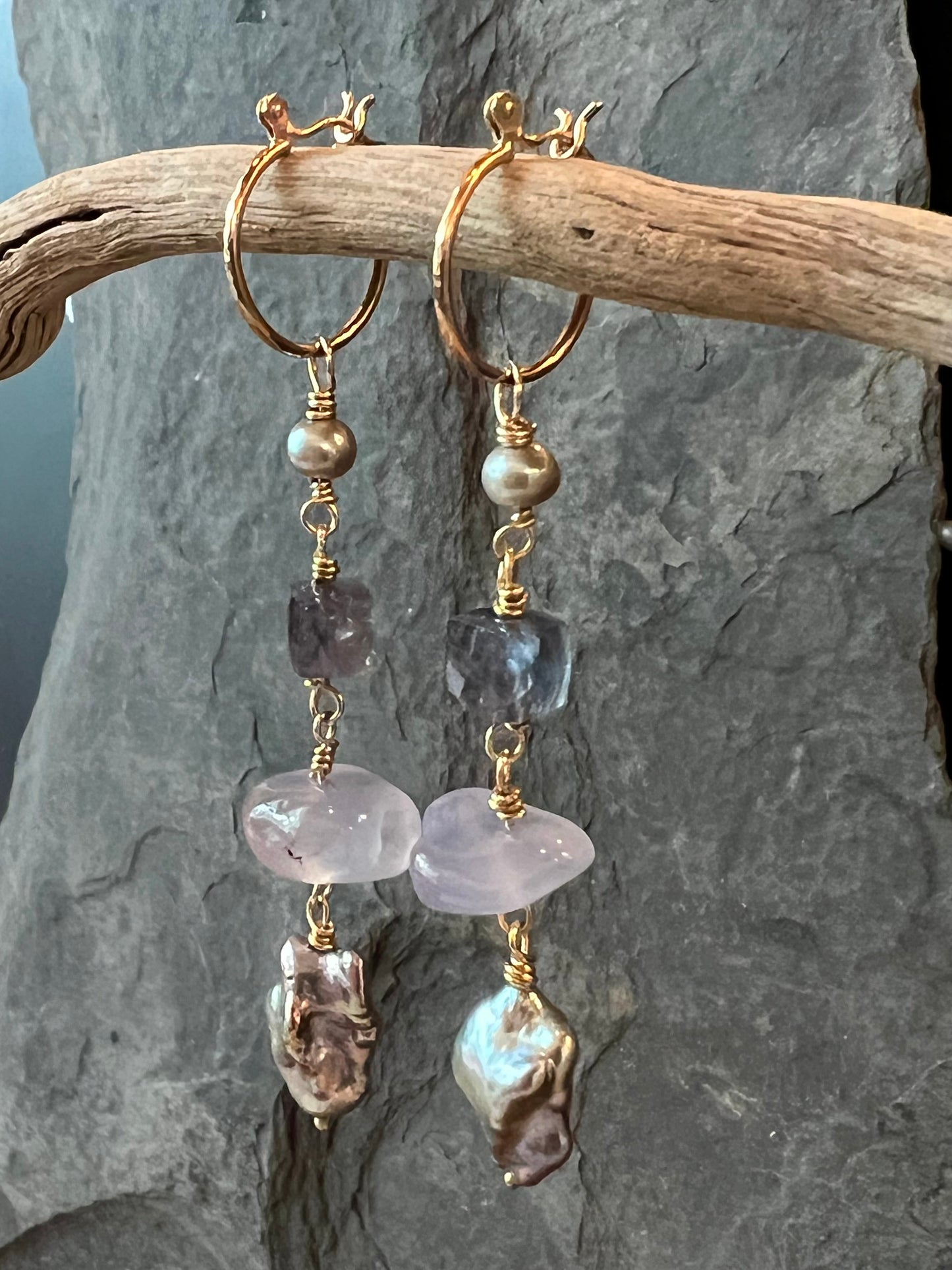 14K Mini Hoop with Long Lavender Gemmy Dangle - One of a Kind Earrings