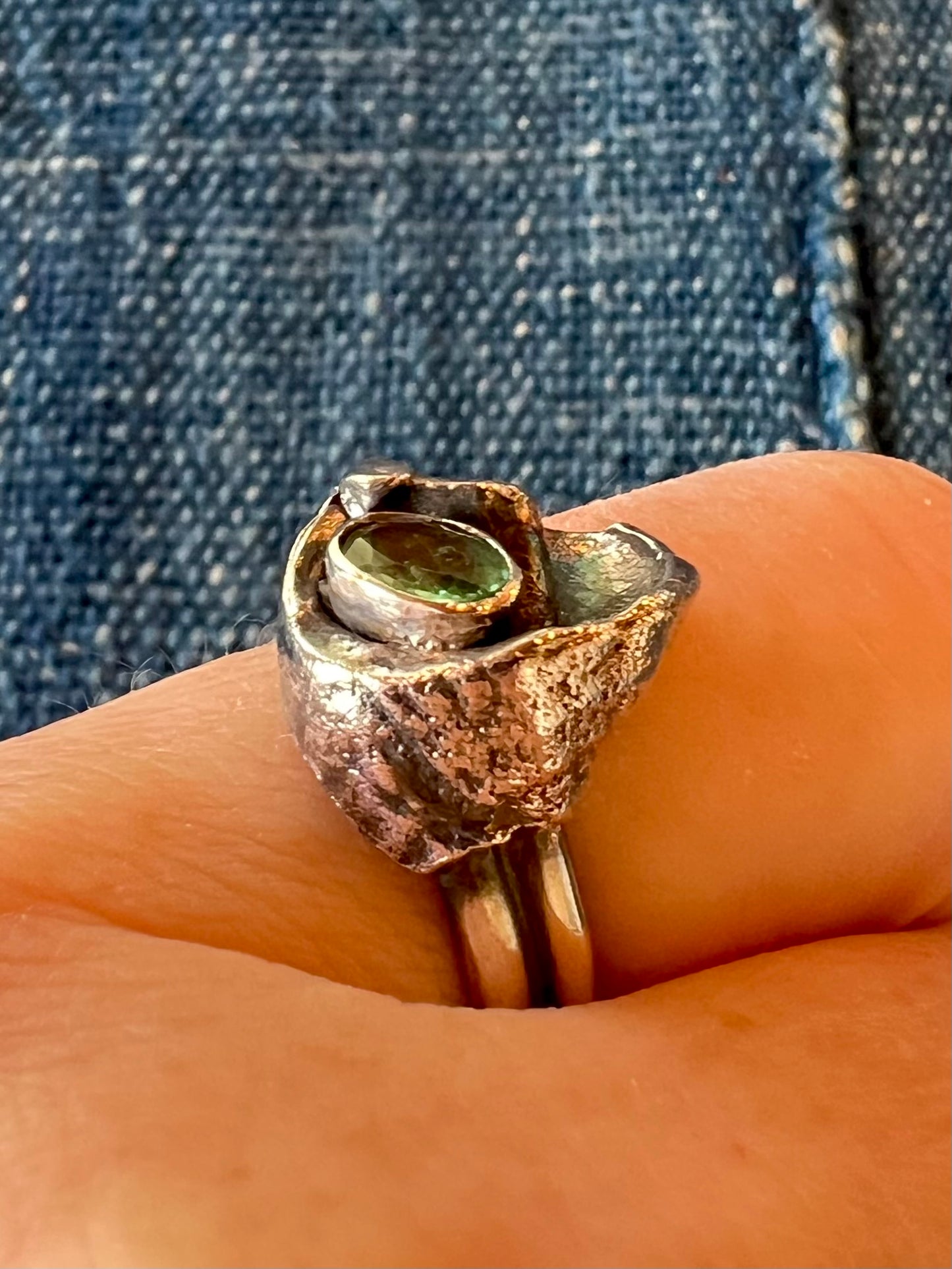 Oxidized Sterling Silver Conch Shell Fragment Ring with Misty Green Tourmaline - Salt Series - One of a Kind