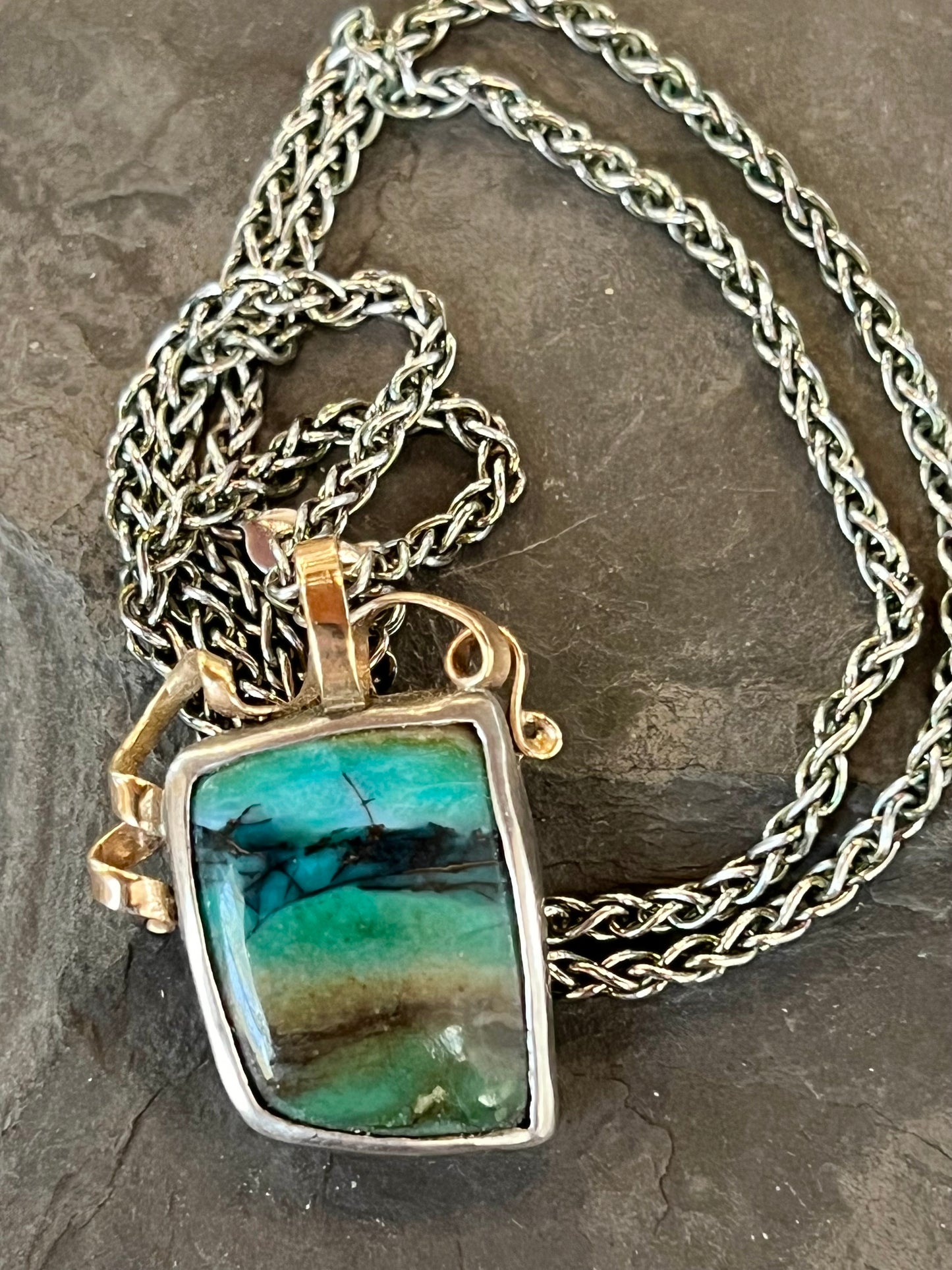 Wood Opal in Sterling Silver with 14K Tendril Bail One of a Kind Pendant